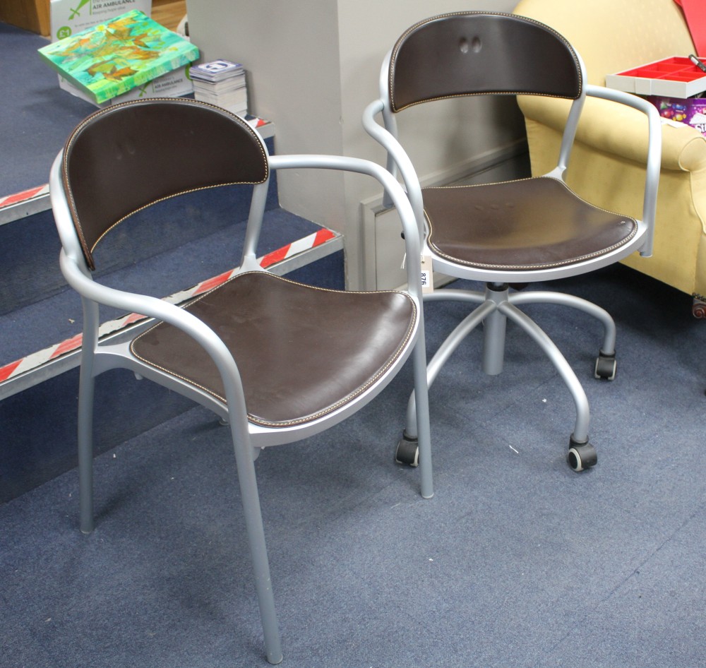 Two Italian Arper brown leather and metal office chairs (one with wheels)